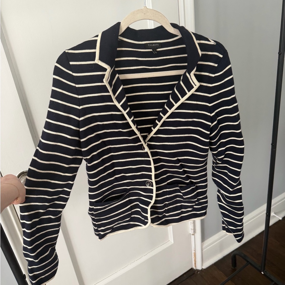 Talbots Navy and Cream Knit Striped Blazer